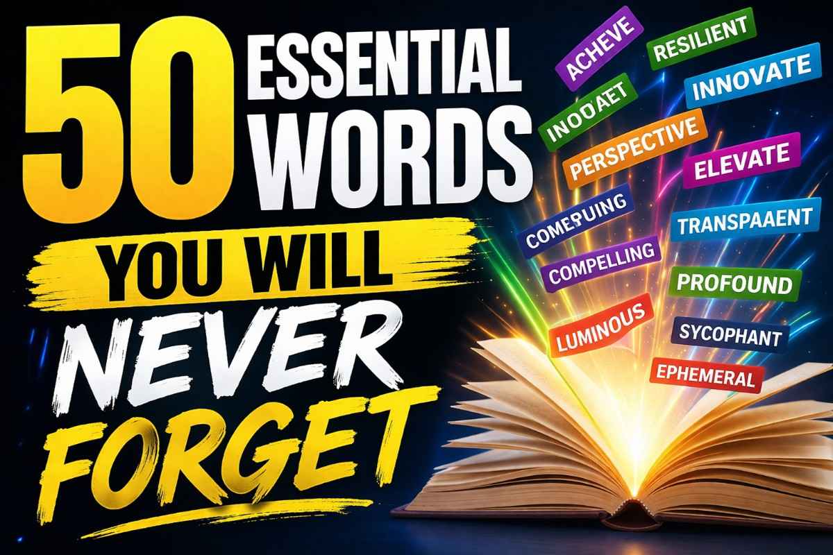 50 essential English words you will never forget with colorful vocabulary and glowing book illustration for students learning English